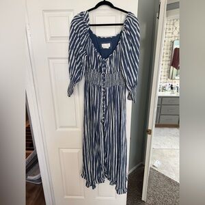 Anthropologie Blue and White Striped Women’s Maxi Dress with ruffle detail